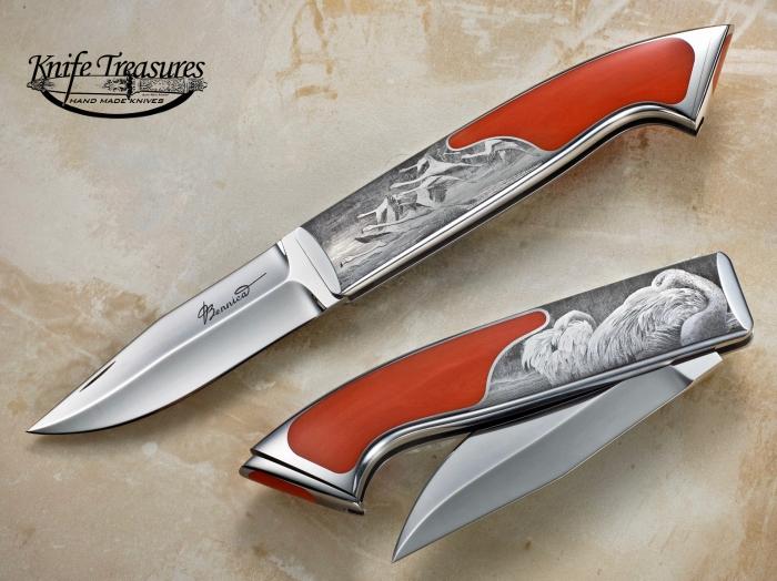 Custom Folding-Inter-Frame, Tail Lock, RWL-34 Stainless Steel , Red Coral Knife made by Charly Bennica