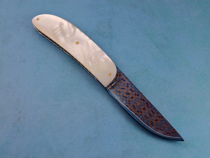Custom Folding-Bolster, Liner Lock, Mosaic Damascus by L. Pizzi, Mother Of Pearl Knife made by Attilio Morotti