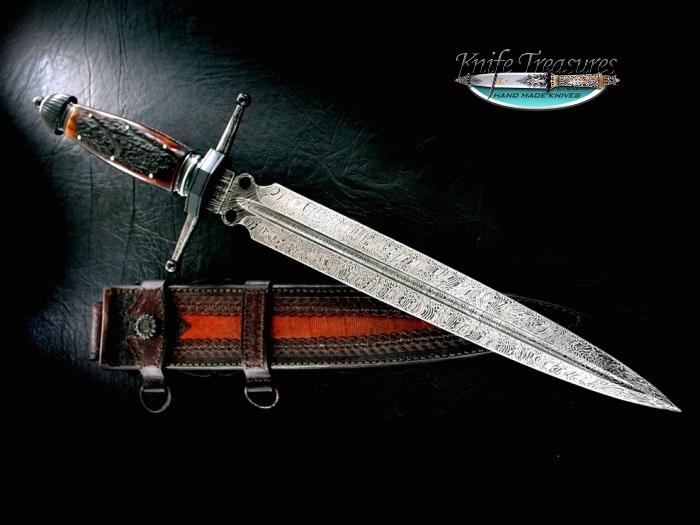 Custom Fixed Blade, N/A, Damascus 1095/15N20 Twisted Pattern, Amber Stag Knife made by Claudio Sobral