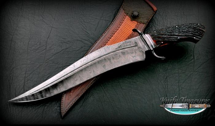 Custom Fixed Blade, N/A, Damascus 5160/15N20 Ladder Pattern	, Amber Stag Horn Knife made by Claudio Sobral