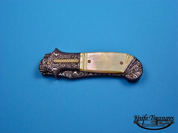 Custom Folding-Bolster, Liner Lock, Damascus Steel by Maker, Gold Lip Pearl Knife made by Don  Hanson III