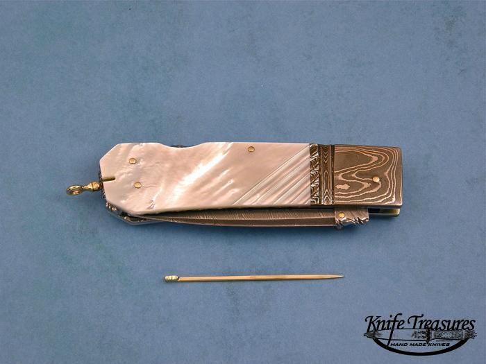 Custom Folding-Bolster, Lock Back, Damascus Steel by Maker, Mother Of Pearl Knife made by Barry Davis