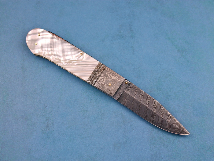 Custom Folding-Bolster, Lock Back, Damascus Steel by Maker, Fluted Mother Of Pearl Knife made by Barry Davis