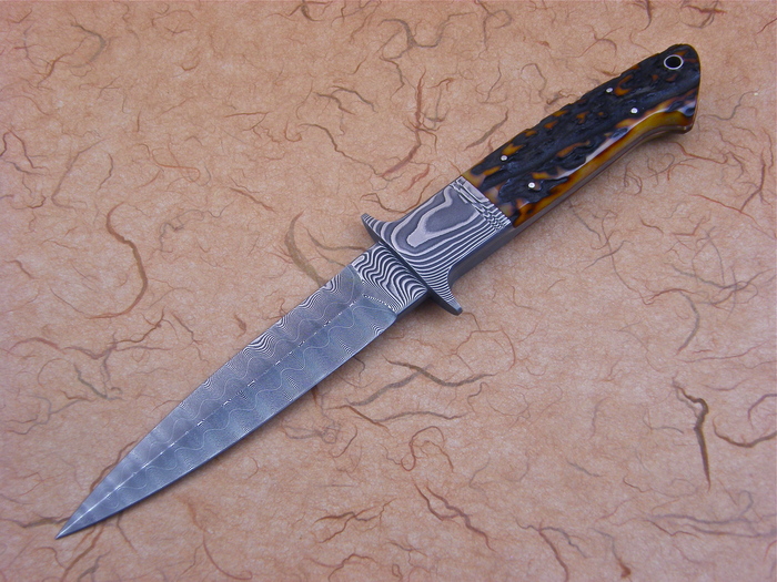 Custom Fixed Blade, N/A, Devin Thomas Damascus Steel, Amber Stag Knife made by Dietmar Kressler