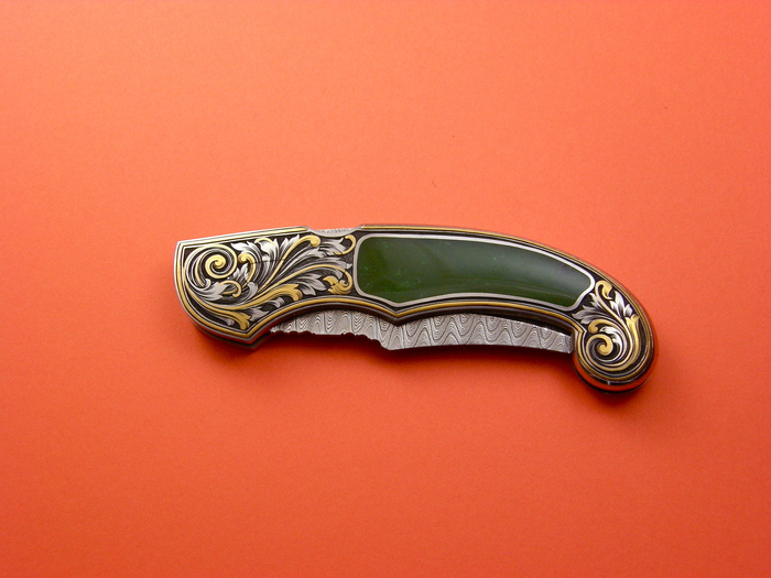 Custom Folding-Inter-Frame, Lock Back, Damascus Steel, Green Apple Jade Knife made by Joe Kious