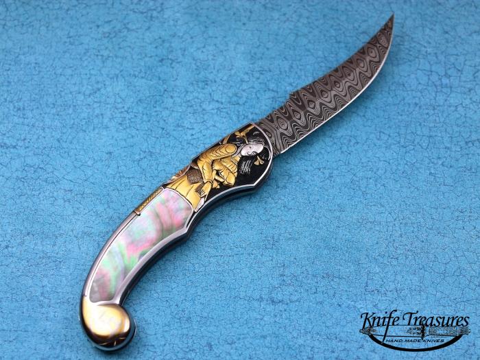 Custom Folding-Inter-Frame, Mid-Lock, Twist Pattern Damascus , Black Lip Pearl Knife made by Joe Kious