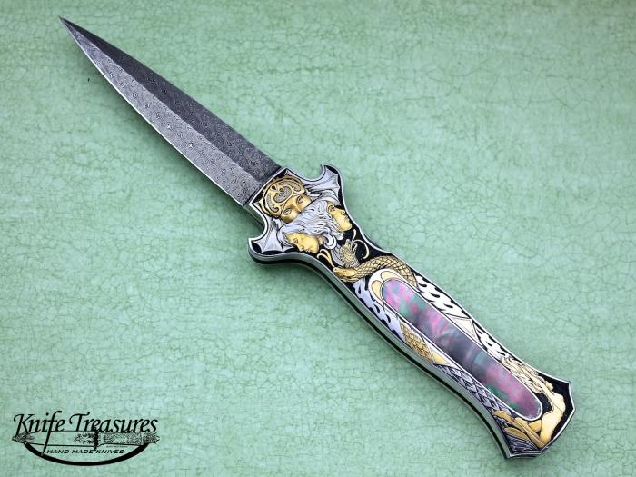 Custom Folding-Inter-Frame, Mid-Lock, Jerry Rados Turkish Damascus, Black Lip Pearl Knife made by Joe Kious