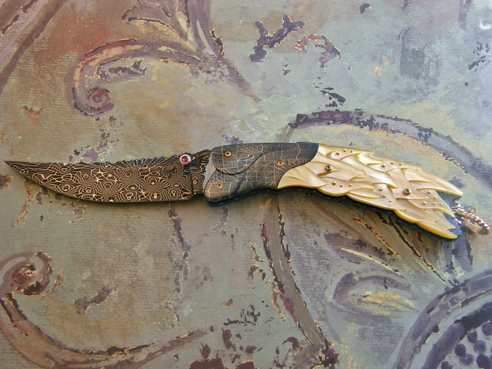 Custom Folding-Bolster, Liner Lock, Damascus Steel, Carved Gold Lip Pearl Knife made by Don Vogt