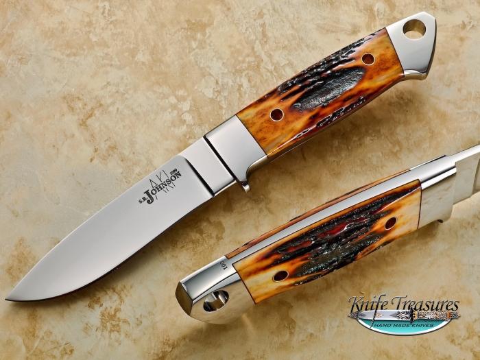 Custom Fixed Blade, N/A, ATS-34 Stainless Steel, Red Amber Stag Knife made by Steve SR Johnson