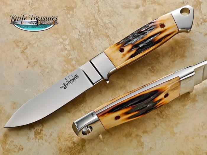 Custom Fixed Blade, N/A, ATS-34 Stainless Steel, Red Amber Stag Knife made by Steve SR Johnson