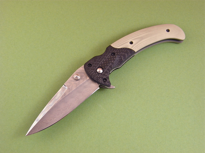 Custom Folding-Bolster, Liner Lock, Damascus Steel, Tan Micarta Knife made by Brad Duncan