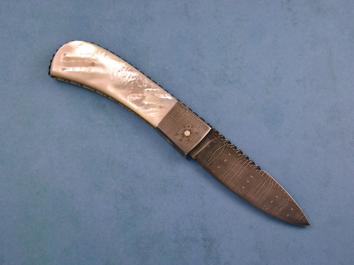 Custom Folding-Bolster, Slip Joint, Mosaic Damascus Steel by Maker, Mother Of Pearl Knife made by Steve Schwarzer