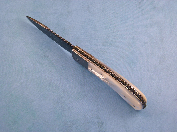 Custom Folding-Bolster, Slip Joint, Mosaic Damascus Steel by Maker, Mother Of Pearl Knife made by Steve Schwarzer