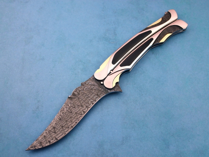 Custom Folding-Inter-Frame, Tail Lock, Mike Norris Crazy Lace Damascus, Black Jade & Gold Knife made by Ronald Best