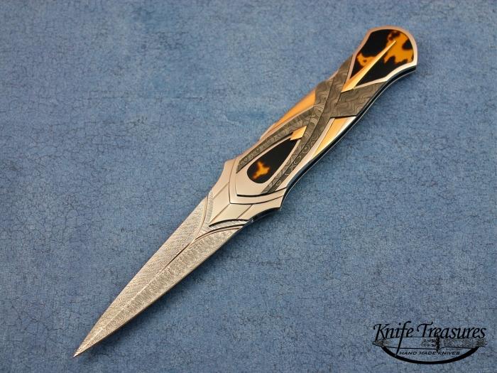 Custom Folding-Inter-Frame, Lock Back, Damascus Steel, Gold, Damascus, Exotic Mat, 416 SS Knife made by Ronald Best