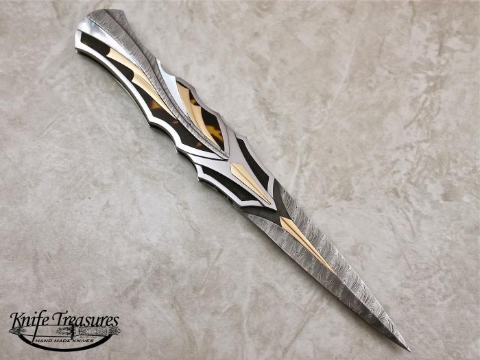 Custom Folding-Inter-Frame, Lock Back, Twist Pattern Damascus, Gold, MOP, Exotic Material, Damascus Knife made by Ronald Best