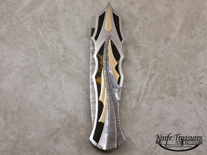 Custom Folding-Inter-Frame, Lock Back, Twist Pattern Damascus, Gold, MOP, Exotic Material, Damascus Knife made by Ronald Best
