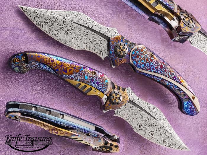 Custom Folding-Inter-Frame, Liner Lock, Damasteel Damascus, Raindrop Mokuti Knife made by Ronald Best