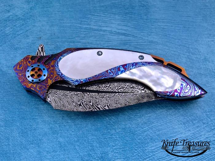 Custom Folding-Inter-Frame, Liner Lock, T&T Damasteel, Mother Of Pearl Knife made by Ronald Best