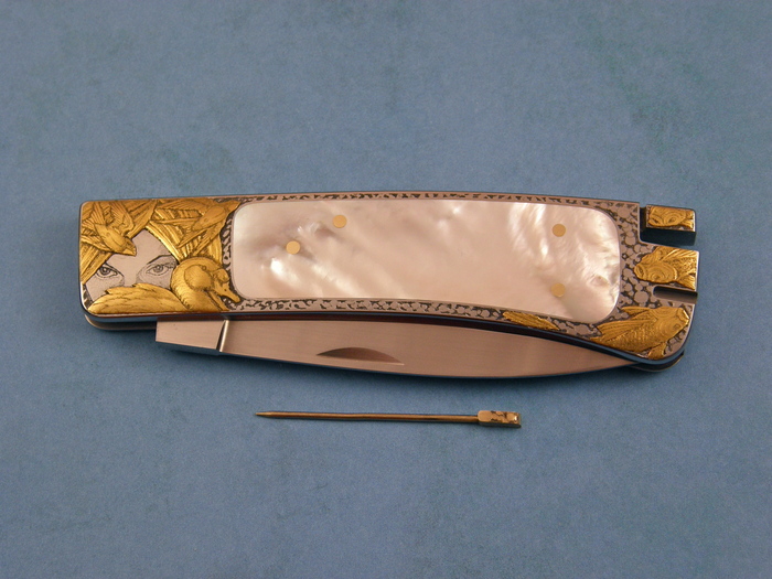 Custom Folding-Inter-Frame, Tail Lock, ATS-34 Steel, Mother Of Pearl Knife made by Ron Lake