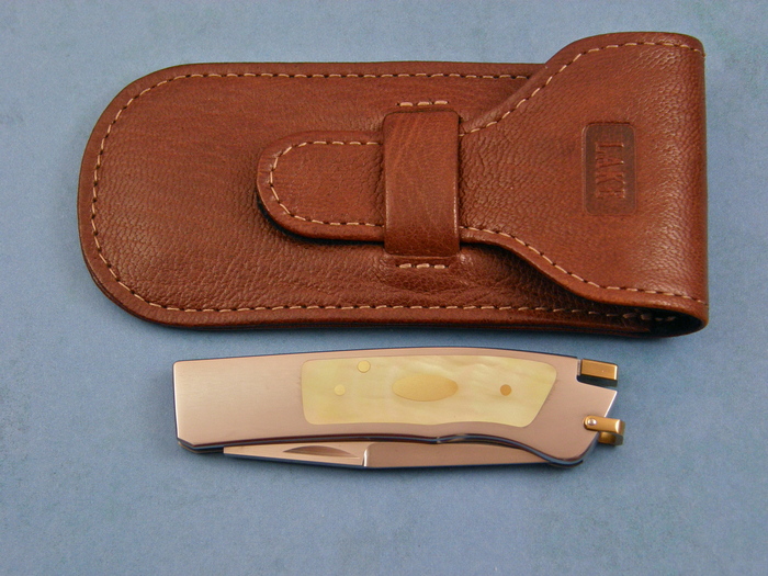 Custom Folding-Inter-Frame, Tail Lock, ATS-34 Stainless Steel, Gold Lip Pearl Knife made by Ron Lake