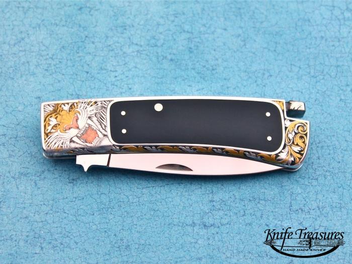 Custom Folding-Inter-Frame, Tail Lock, ATS-34 Stainless Steel, Black Buffalo Horn Knife made by Ron Lake
