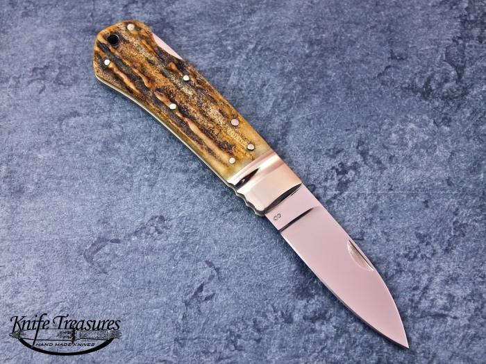 Custom Folding-Bolster, Lock Back, ATS-34 Stainless Steel, Natural Stag Knife made by Ron Lake