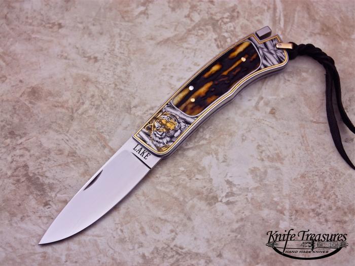 Custom Folding-Inter-Frame, Tail Lock, ATS-34 Stainless Steel	, Amber Stag Knife made by Ron Lake