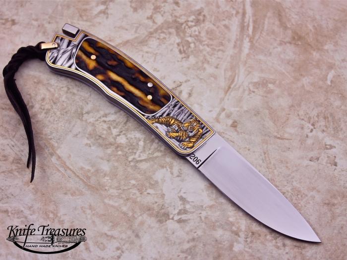 Custom Folding-Inter-Frame, Tail Lock, ATS-34 Stainless Steel	, Amber Stag Knife made by Ron Lake