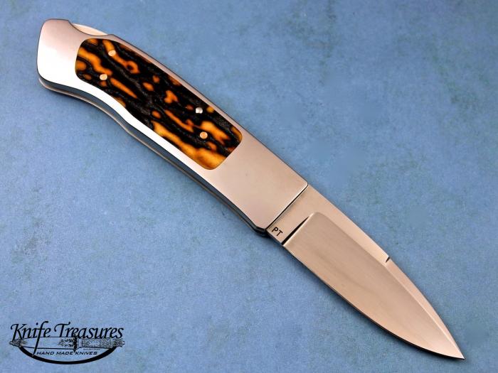 Custom Folding-Inter-Frame, Lock Back, ATS-34 Stainless Steel, Amber Stag Knife made by Ron Lake