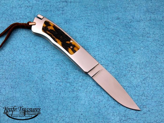 Custom Folding-Bolster, Tail Lock, ATS-34 Stainless Steel, Amber Stag Knife made by Ron Lake