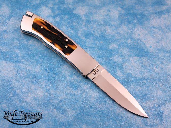 Custom Folding-Inter-Frame, Tail Lock, ATS-34 Stainless Steel, Red Amber Stag Knife made by Ron Lake