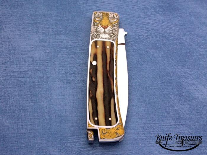 Custom Folding-Inter-Frame, Tail Lock,  A-2 Stainless Steel, Amber Stag Knife made by Ron Lake