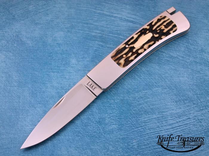 Custom Folding-Inter-Frame, Tail Lock, ATS-34 Stainless Steel, Stag with Gold Escutcheon Knife made by Ron Lake