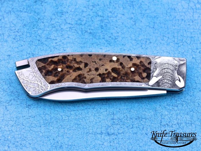 Custom Folding-Inter-Frame, Tail Lock, RWL-34 Steel, Elephant Bone Knife made by Ron Lake