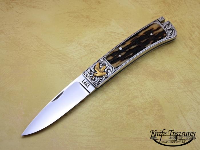 Custom Folding-Inter-Frame, Tail Lock, RWL-34 Steel, Stag Knife made by Ron Lake