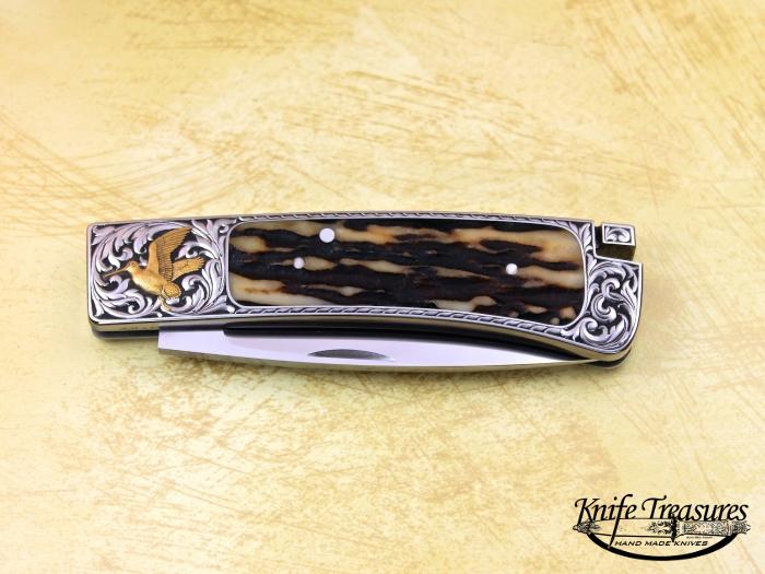 Custom Folding-Inter-Frame, Tail Lock, RWL-34 Steel, Stag Knife made by Ron Lake