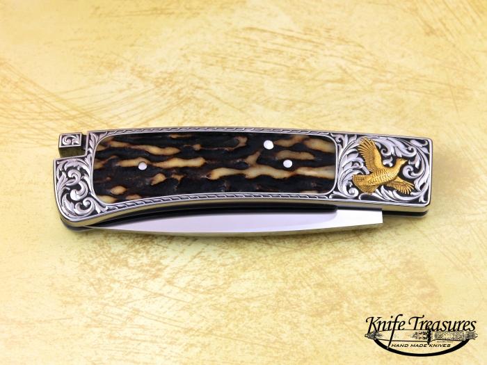 Custom Folding-Inter-Frame, Tail Lock, RWL-34 Steel, Stag Knife made by Ron Lake
