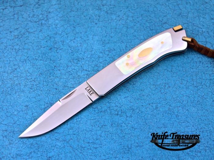 Custom Folding-Inter-Frame, Tail Lock, ATS-34 Stainless Steel, Gold Lip Pearl Knife made by Ron Lake