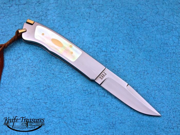 Custom Folding-Inter-Frame, Tail Lock, ATS-34 Stainless Steel, Gold Lip Pearl Knife made by Ron Lake