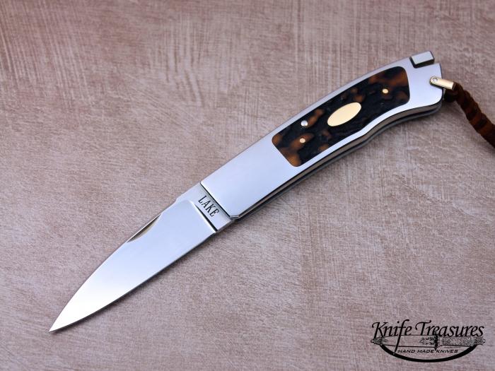 Custom Folding-Inter-Frame, Tail Lock, ATS-34 Stainless Steel, Amber Stag Knife made by Ron Lake