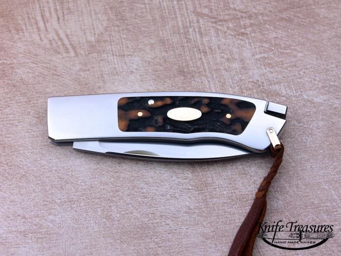 Custom Folding-Inter-Frame, Tail Lock, ATS-34 Stainless Steel, Amber Stag Knife made by Ron Lake