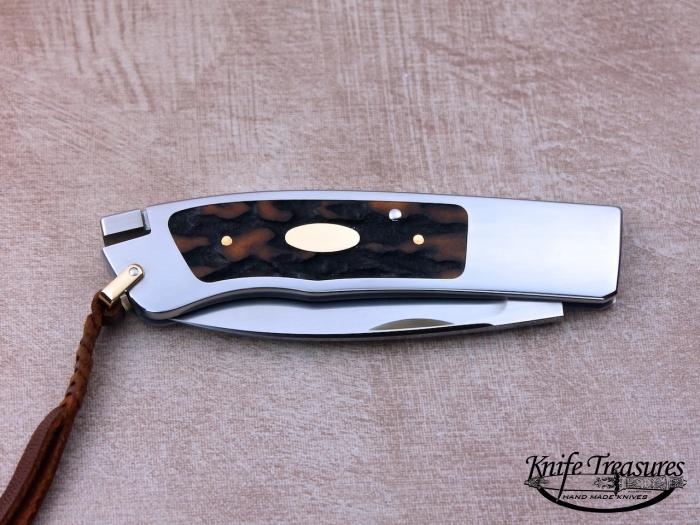 Custom Folding-Inter-Frame, Tail Lock, ATS-34 Stainless Steel, Amber Stag Knife made by Ron Lake