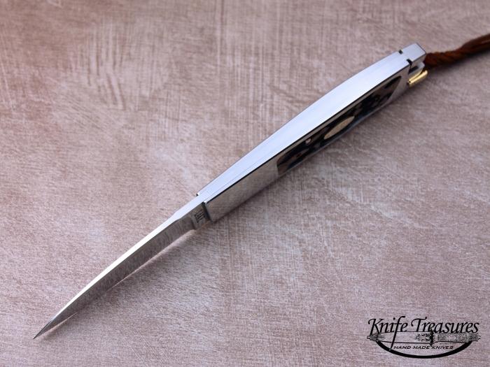 Custom Folding-Inter-Frame, Tail Lock, ATS-34 Stainless Steel, Amber Stag Knife made by Ron Lake