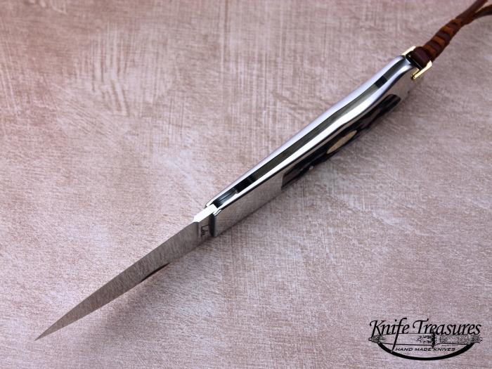 Custom Folding-Inter-Frame, Tail Lock, ATS-34 Stainless Steel, Amber Stag Knife made by Ron Lake