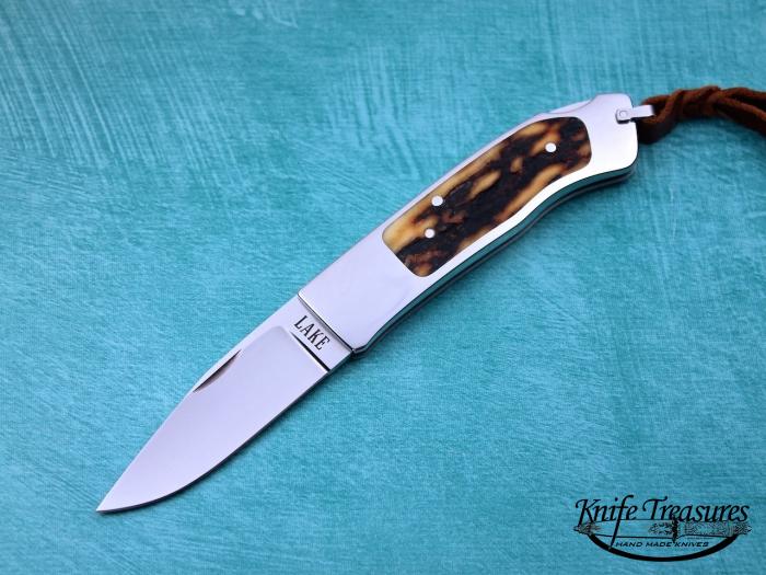 Custom Folding-Inter-Frame, Lock Back, RWL-34 Stainless Steel, Red Amber Stag Knife made by Ron Lake