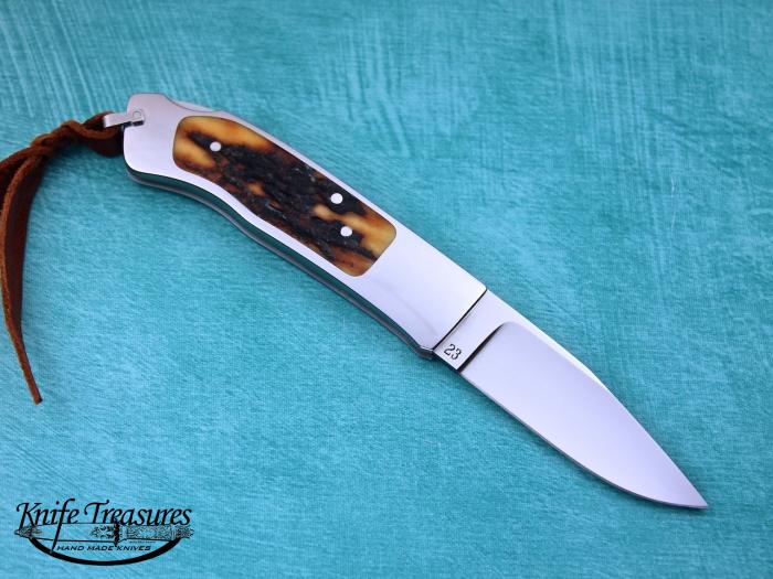 Custom Folding-Inter-Frame, Lock Back, RWL-34 Stainless Steel, Red Amber Stag Knife made by Ron Lake