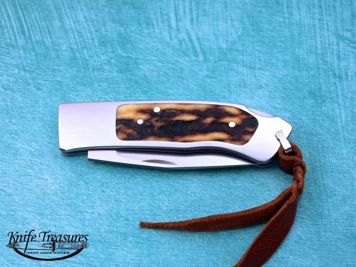 Custom Folding-Inter-Frame, Lock Back, RWL-34 Stainless Steel, Red Amber Stag Knife made by Ron Lake
