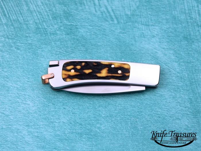 Custom Folding-Inter-Frame, Tail Lock, RWL-34 Stainless Steel, Red Amber Stag Knife made by Ron Lake
