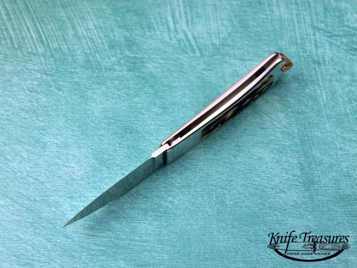 Custom Folding-Inter-Frame, Tail Lock, RWL-34 Stainless Steel, Red Amber Stag Knife made by Ron Lake